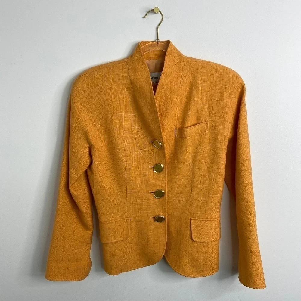 Christian Dior Womens Jacket Size Medium Orange Collarless Vintage Blazer Power